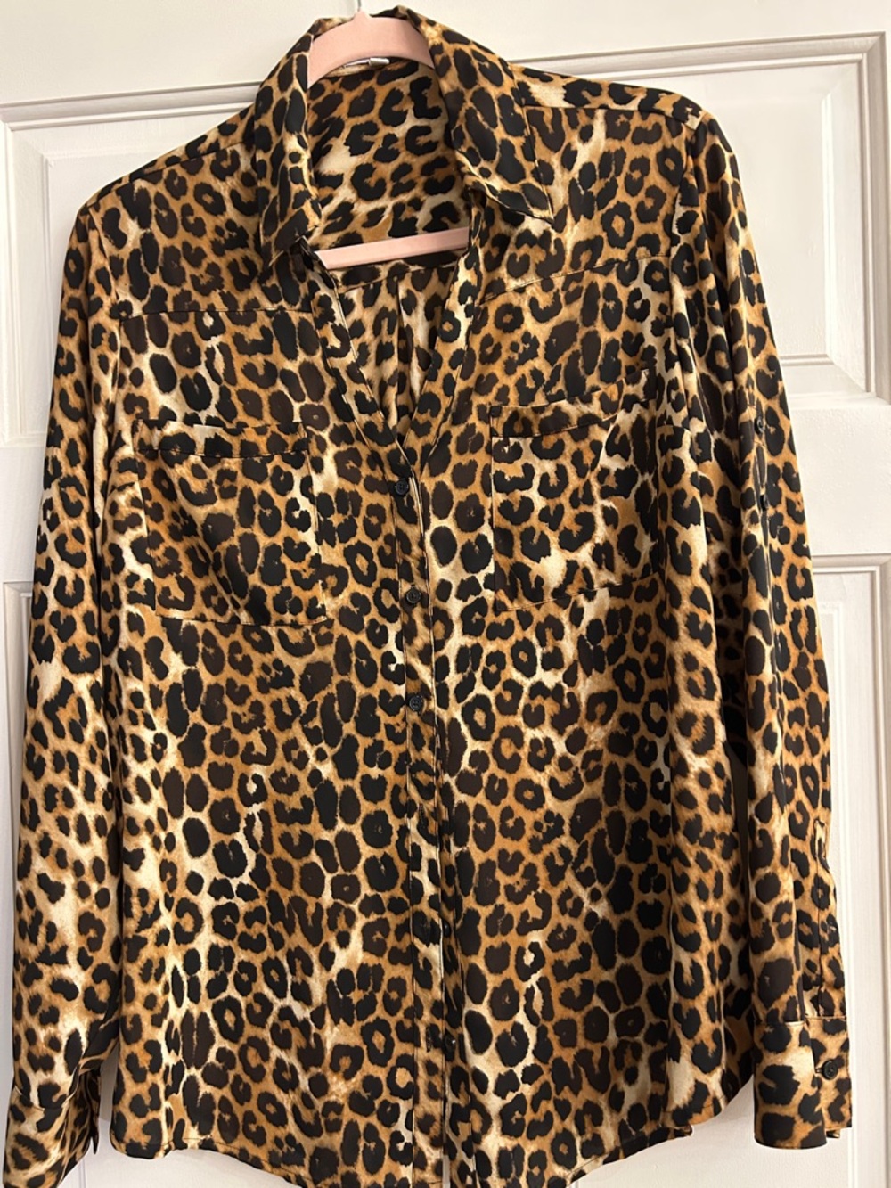 Express Leopard Print Button-Front blouse  - Brown/Black v-neck button down